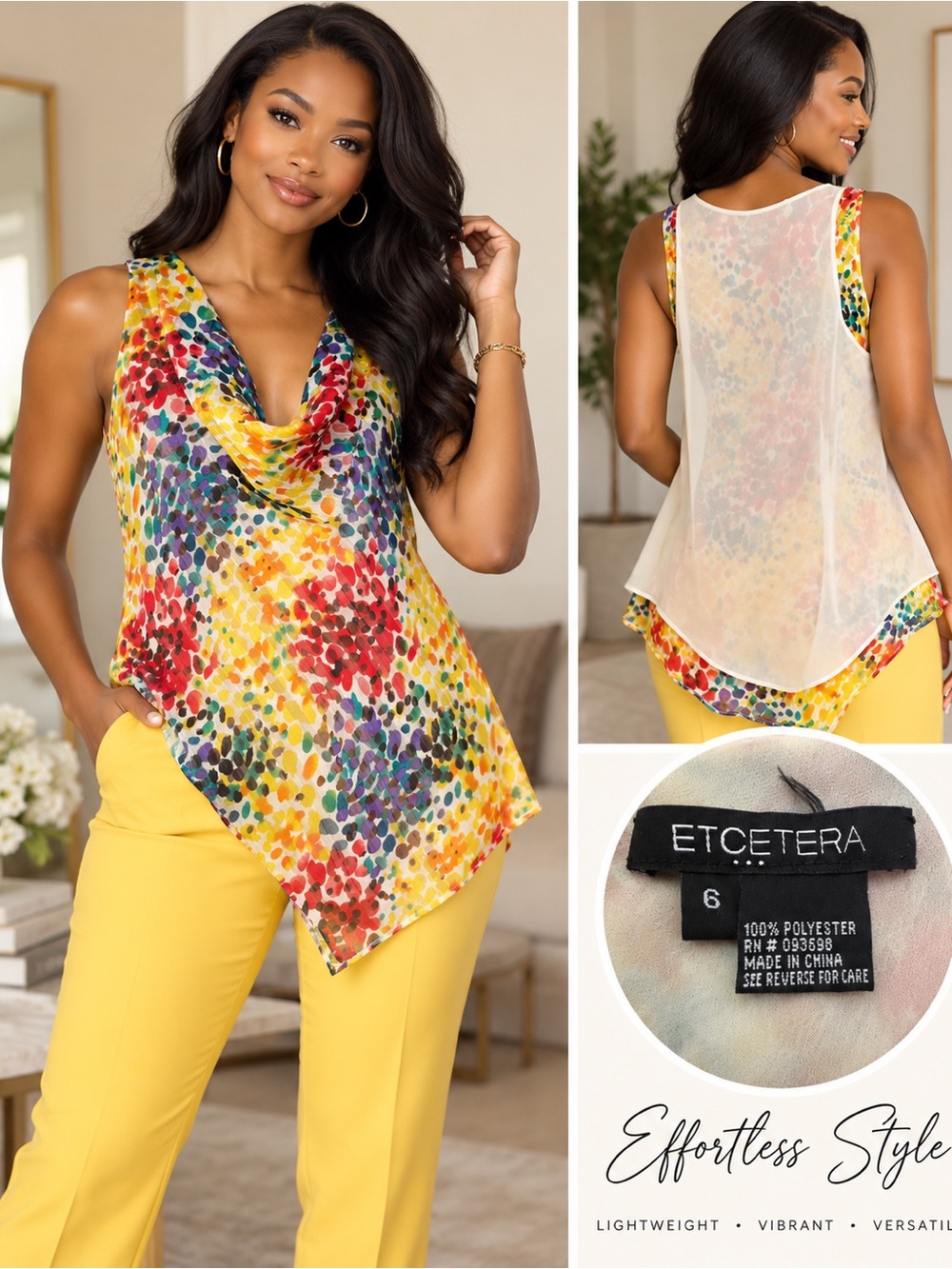 Etcetera Yellow Multicolor Cowl Neck Sleeveless Top